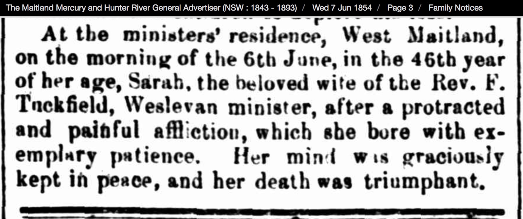 Tuckfield Sarah death Maitalnd Mercury 1854 06 07 pg 3