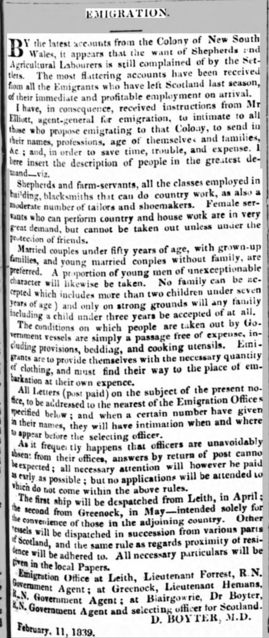 Emigration Inverness Courier 6 March 1839 page 1
